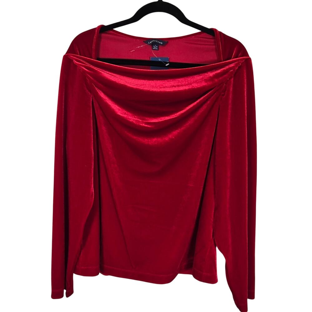 Lands End Festive Season Blouse Women's 1X Red Velvet Drape Neck Holiday Party